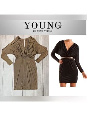 YOUNG BY YOYO YEUNG Women’s Silky Batwing Dress Tan Light Brown Gold Size Small